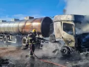 Caminhão carregado com leite pega fogo na BR-452 e