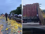 [VÍDEOS] Caminhão carregado de frutas tomba na BR-