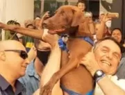 Bolsonaro segura cachorro em encontro com apoiador