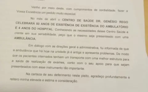 Hospital Dr. Genésio Rêgo deve ganhar ambulância n