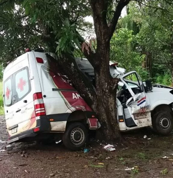 Ambulância derrapa na pista e colide em árvore na 