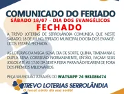 TREVO LOTERIAS COMUNICA - SÁBADO 18/07 ESTARÁ FECH