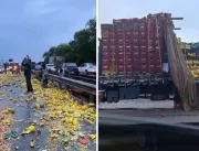[VÍDEOS] Caminhão carregado de frutas tomba na BR-