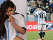 Direto do Catar, ‘brasileirinha’ exibe tatuagem íntima com rosto de Messi; VEJA
