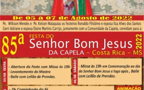 Com apoio do Poder Público, Festa da Capela acontece de 5 a 7 de agosto em Costa Rica